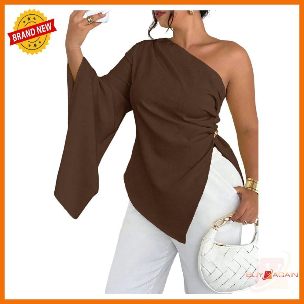 Plus Size Bell Sleeve One Shoulder Blouse Ruched Asymmetrical Top